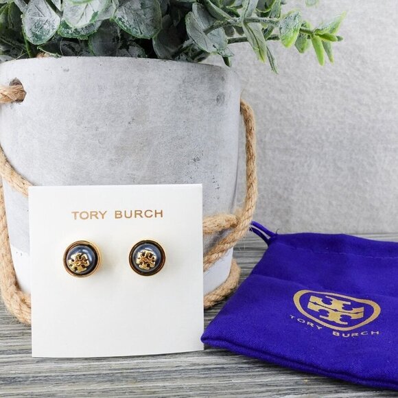 Tory Burch Melodie Pearl Logo Stud Dome Earrings Black/Tory Gold OS - Picture 8 of 13